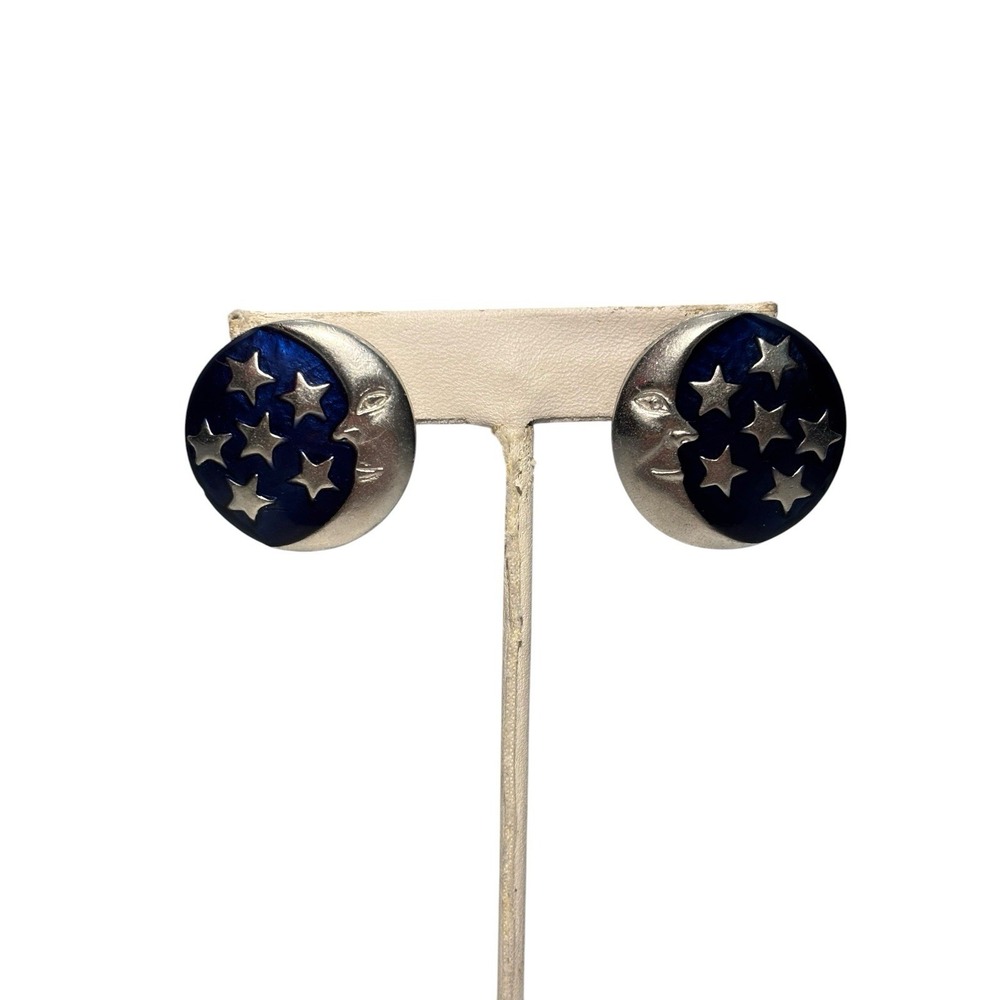 Vintage Silver Tone Dark Blue Enamel Starry Sky Crescent Moon Pierced Earrings